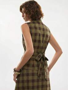 Poéselle 格子印花褶皱领无袖休闲上衣，夏季 - 咖啡棕 - 查看 2