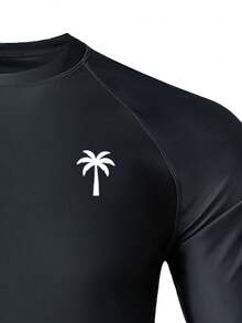 Manfinity KASUA 男士椰树印花长袖防晒衣，泳装和冲浪服 - 黑色 - 查看 3