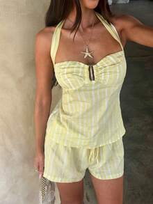 Opulessa Women's Woven Striped Halter Neck Top, Spring/Summer - Yellow - View 4