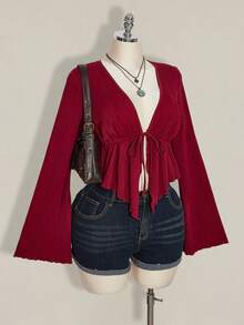 SHEIN ICON Áo cánh ngắn xếp ly tay chuông cổ chữ V sâu, màu trơn, phong cách nghỉ dưỡng thường ngày cỡ lớn dành cho nữ, mùa xuân/thu - Màu Đỏ Sâu - Xem 4