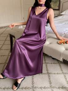 DAZY Elegant Satin Sleeveless Long Nightgown With Scarf Decor, Summer - Purple - View 5