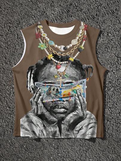 Manfinity EMRG Dây chuyền nam với hình ảnh và khẩu hiệu in trên mặt nạ, kiểu áo tank top không tay phong cách hip hop đường phố.
