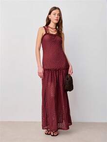 Nöista Đầm maxi với chất liệu ren tinh tế và dây đeo xếp ly. Thích hợp cho mùa xuân, hè, nữ. - Màu Đỏ Sâu - Xem 5