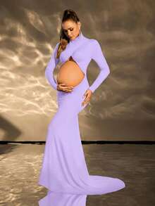 Cheriluna Maternity 纯色孕妇连衣裙，腰部镂空设计，长袖 - 紫色 - 查看 4