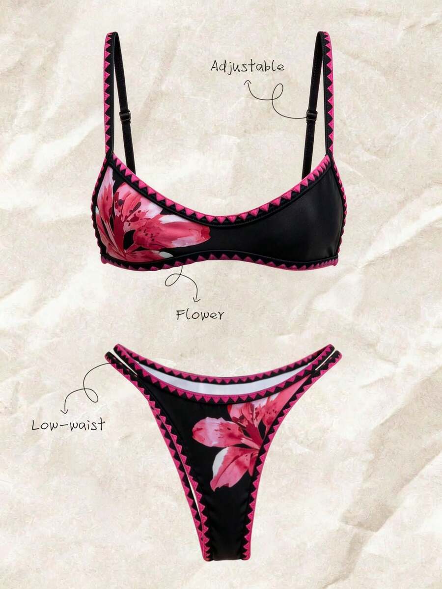 Elavelle Bikini Wanita Motif Potongan Tinggi dengan Tali Bahu Tipis yang Dapat Diatur, Terbuat dari Kain Aneka Warna, Cocok untuk Liburan Musim Panas - MultiWarna - View 1