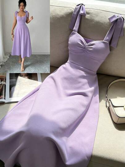 Elenzga Sleeveless Tie-Up Cinched Waist A-Line Elegant Romantic Women Dress