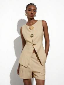 Maija Bộ vest và quần short mùa hè kiểu dáng thường ngày, có khóa kim loại. - Màu Khaki - Xem 5