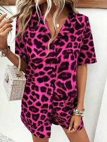 Breezaya Conjunto de 2 piezas de camisa y pantalones cortos impresos casuales para mujer - Rosa Fucsia - Ver 6