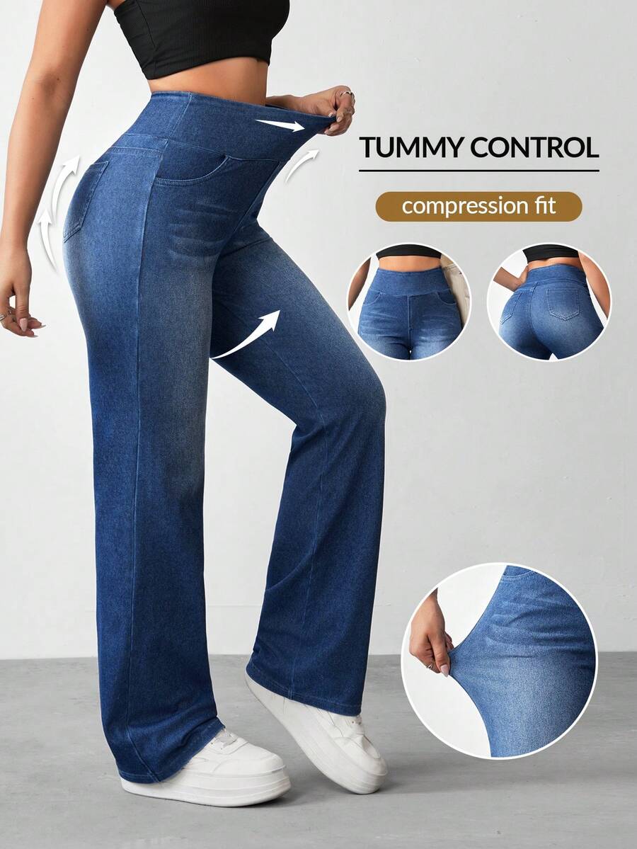 SHEIN Essnce Damen Lässig Vielseitig Alltagskleidung Hoch-Stretch Denim Hose Reise Marineblau Sommer, Große Frauen - Dunkle Waschung - Übersicht 1