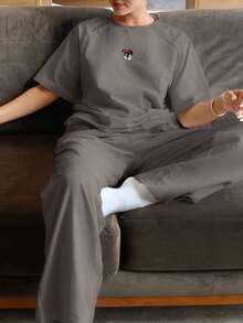 DAZY Casual Cute Cartoon Print Raglan Sleeve Loose Pajama Set - Dark Grey - View 3