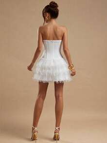 SHEIN BAE Đầm ngắn màu trắng dành cho nữ, kiểu corset, phối bèo nhún, viền ren, thích hợp mặc đi học, dự tiệc cưới, sinh nhật. - trắng - Xem 2