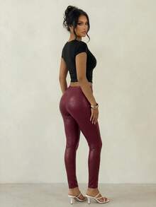 Sirith Quần legging đỏ cạp trễ dài đến mắt cá chân gợi cảm thu/đông 2024 cho nữ, thích hợp cho tiệc tùng, sinh nhật, năm mới - Đỏ - Xem 5
