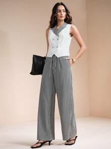 Arave 女士梭织V领无袖修身休闲通勤都市西装外套，白色上衣 - 黑與白 - 查看 1