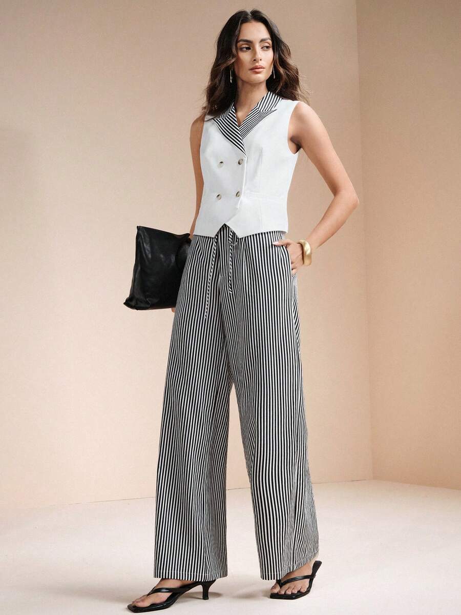 Arave 女士梭织V领无袖修身休闲通勤都市西装外套，白色上衣 - 黑與白 - 查看 1