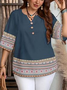 EMERY ROSE Women's V-Neck Geometric Print Casual Versatile Daily Wear Shirt - Multicolor - View 3