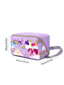 My Little Pony X SHEIN 1 件装卡通印花大容量扁平可展开 PU 皮革化妆包，多功能收纳包，小物件收纳包，旅行收纳包，数码收纳包，适合日常携带小物件、旅行、工作、化妆或学习，适合女性和学生，彩虹小马、暮光闪闪、柔柔、碧琪 - 紫色 - 查看 9