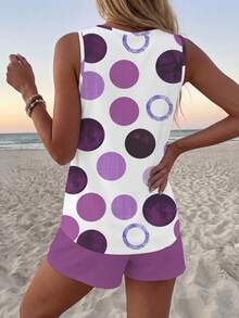 2pcs/Set Women's Casual Polka Dot Pattern Round Neck Camisole And Shorts Set, Suitable For Summer Women Two Pieces Shorts Set Suitable For Going Out,Casual - Multicolor - View 2