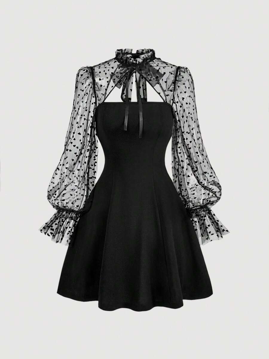 SHEIN MOD Women's Elegant Black Polka Dot Mesh Flare Long Sleeve Dress,Turtleneck Tie Neck Bow,Autumn Classy Party Graduation Date Puffy Dress,Valentine's Day - Black - View 1