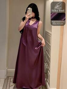 DAZY Elegant Satin Sleeveless Long Nightgown With Scarf Decor, Summer - Purple - View 3