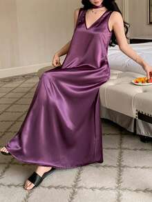 DAZY Elegant Satin Sleeveless Long Nightgown With Scarf Decor, Summer - Purple - View 6