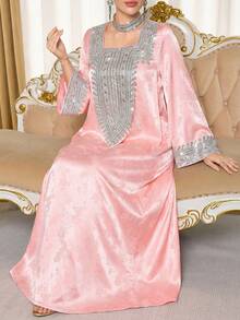 Al Najma Plus Size Women's Turkish Maxi Dress Arabic Traditional Abaya Wedding Party Light Pink Bollywood Traditional - Pink - View 6