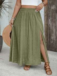 SHEIN VCAY Falda casual versátil para citas y salidas de mujer talla grande con diseño de corte en unicolor - Verde militar - Ver 3