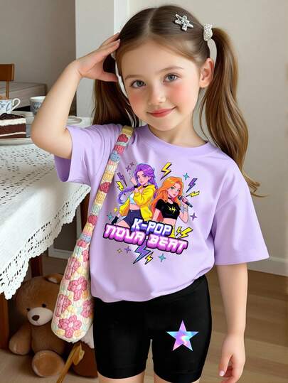 Spring And Summer Young Girl Casual Fashion Creative Personalized Refreshing Cute Minimalist Cool Virtual Girl Group Character Glowing Purple Pentagram Star Graphic Letter Slogan Print Casual Basic Short T-Shirt And Bike Shorts Set, Comfortable Outfit, Suitable For Spring, Summer And Autumn