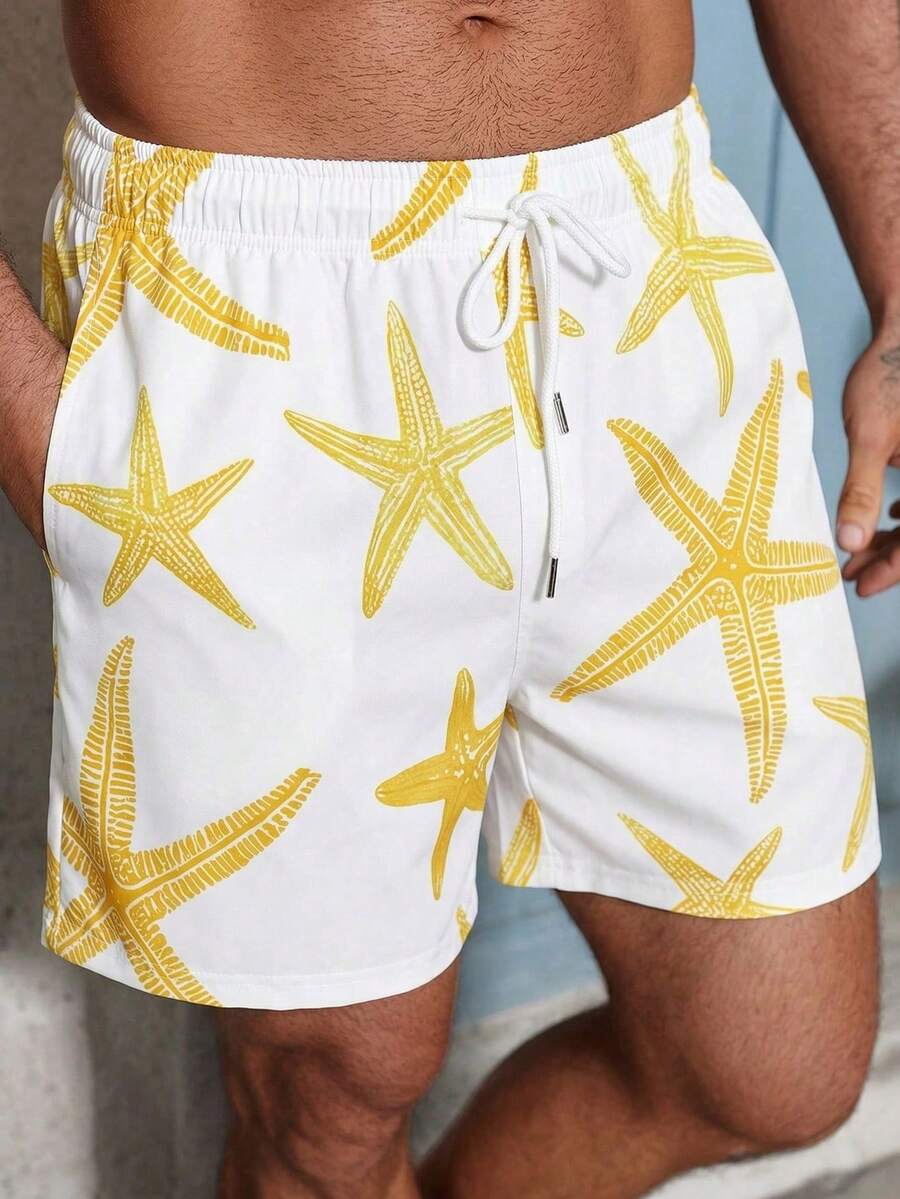 Manfinity Swimmode 男士松紧腰抽绳休闲海星图案宽松沙滩短裤，夏季 - 黃色 - 查看 1