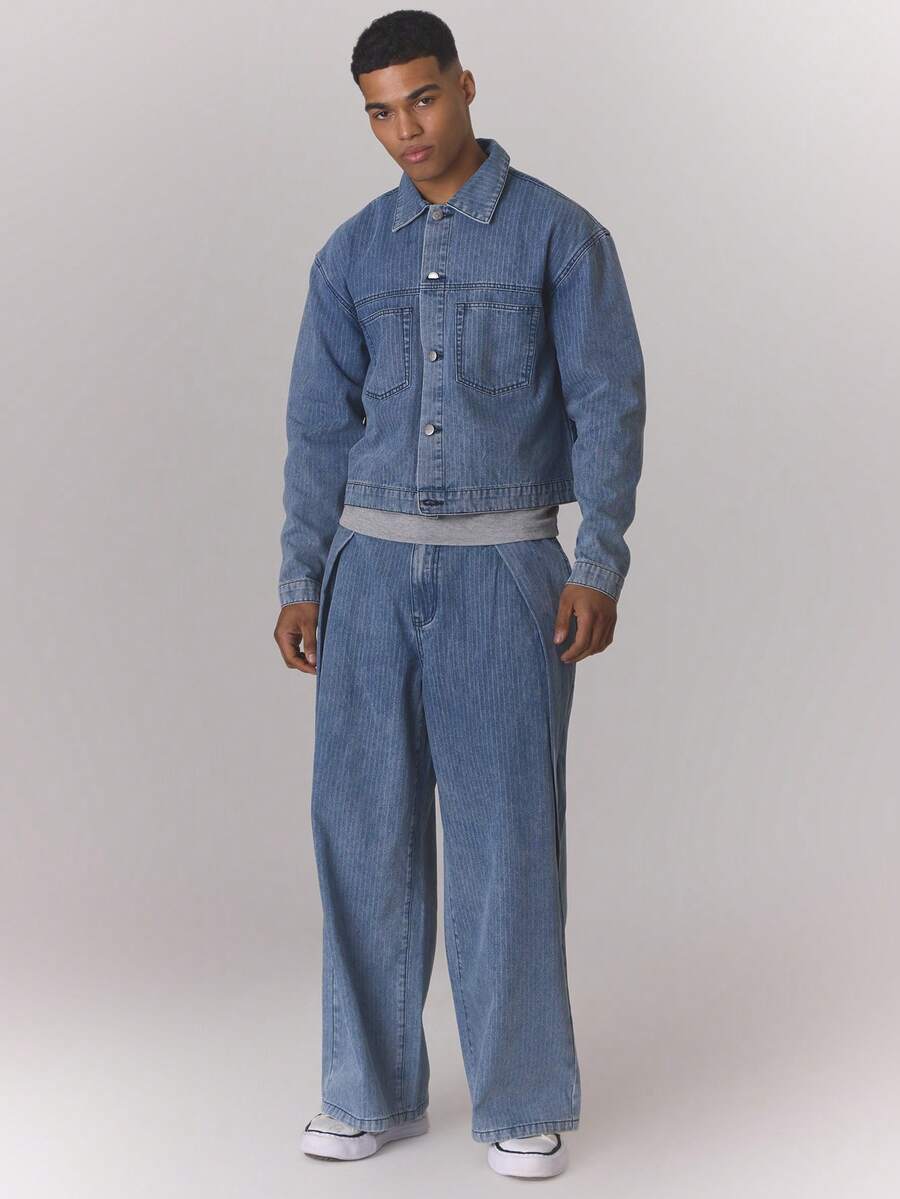 Musero Pinstripe Denim Trousers Baggy Straight Leg Button Fastening Jeans Only Autumn Winter - Light Wash - View 1