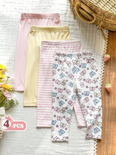 SHEIN Vintaside Kids Bộ 4 chiếc quần legging cho bé gái sơ sinh/trẻ nhỏ, kiểu dáng đơn giản, thoải mái, mềm mại, thân thiện với da, màu đen trắng kẻ sọc, hồng, màu mơ trơn, giá cả phải chăng, phù hợp cho bé chơi trong nhà hoặc ngoài trời vào mùa xuân/hè.