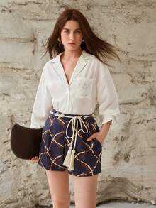 MOTF PREMIUM QUẦN SHORT NỮ HỌA TIẾT VẢI LINEN CẠP THẤP, XUÂN/HÈ - Màu xanh hải quân - Xem 4