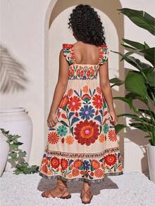 Tween Girls' Summer Beach Vacation Totem&Floral Print Square Neck Cap Sleeve Ruffle Hem Maxi Dress Mexican Style Girls Embroidery Girl Dresses - Multicolor - View 2