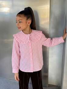 Hapijoa Tween Girls' Plaid Ruffle Collar Long Sleeve Single-Breasted Loose Casual Shirt - Pink - View 2