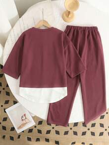 SHEIN Serisse Kids Tween Girls' Lavender Spring/Summer Knit Round Neck Loose Patchwork Print 7/8 Sleeve Wide Leg Pants Casual Black School Back-To-School 2 Pieces Set - Dusty Pink - View 3