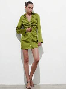Aveloria Modichic Women's Elegant Lime Green Satin Dress,Autumn Slim Fit Ruched Design Button Up Lapel V-Neck Flare Sleeve Short Green Wedding Guest Dress For Brunch - Green - View 3