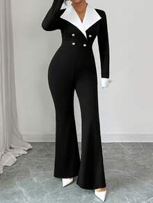 Elenzga Bộ jumpsuit dài tay dáng ôm, ống loe, phối màu, hai hàng cúc, cỡ lớn, thanh lịch, dành cho người có vóc dáng đầy đặn. - màu đen - Xem 4
