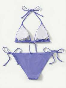 Swim Basics 女士纯色简约日常穿搭挂脖比基尼套装 - 藍色 - 查看 2