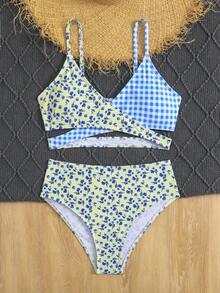 SHEIN 少女黄色碎花印花吊带泳衣，时尚休闲优雅泳装，适合夏季、海滩、游泳，青少年两件式夏季泳装，女童泳装，波点复古泳装 - 彩色 - 查看 5