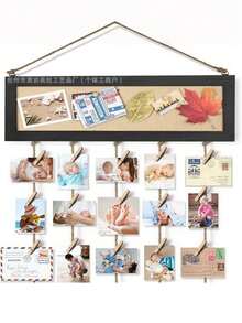 1Set Vintage Rustic Wood Hanging Photo Display Wall Decor Multi Picture Frames Collage Decoration For Home Living Room Bedroom Office Wall Art Photo Clips Gift - black - View 6