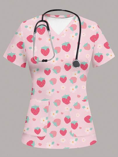 TaskEZ Women's V-Neck Short Sleeve Strawberry & Floral Print Uniform Top