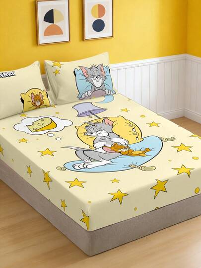 TOM & JERRY X SHEIN 3件套数码印花床垫，柔软保暖，舒适透气，多种尺寸可选，适用于单人床/双人床/大号床/特大号床，可机洗（1个床垫+2个枕套）