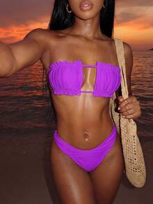 Swim Vcay Summer Beach Frill Trim Bandeau Bikini Set - Purple - View 3