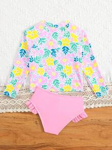 SHEIN Áo tắm Tankini cho bé gái, áo bikini không tay bằng vải dệt kim in hoa dễ thương, tay dài, chống nắng, thiết kế thời trang giản dị thanh lịch, thích hợp cho bơi lội, kỳ nghỉ hè, bãi biển, hồ bơi, tiệc tùng. - Màu Hồng baby - Xem 3