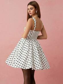 Women's Polka Dot Pattern Square Neck Sleeveless Elegant Dress - White - View 4