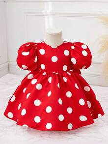 SHEIN Vestido De Niña Casual Y Lindo De Lunares Con Mangas Cortas Burbuja Y Pajarita - Rojo - Ver 4
