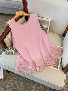GlowEve CURVE Áo tank top ren trang trí nơ cho nữ cỡ lớn, kiểu dáng thời trang cổ điển, thanh lịch, thường ngày, thích hợp cho kỳ nghỉ, không tay. - Hồng - Xem 1