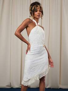 NYA SZN Women's Off-White Halter Neck Mini Dress,Summer Elegant Floral Lace Fringe Sequin Fitted Party Outfits For Date Night,Wedding Guest & Special Occasion - Apricot - View 3