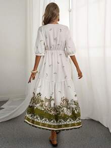 Breezaya Women's Casual Elegant Romantic 3/4 Sleeve Dress With Twist Cutout Floral Pattern, Suitable For Vacation And Daily Wear - White - View 2