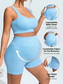 SHEIN Maternity Solid Color Sports Bra And Shorts Set - Blue and White - View 10