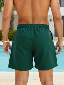 Manfinity Swimmode Men's Dark Green Solid Elastic Waist Drawstring Casual Beach Shorts With Pockets,Summer Swim Trunks Board Shorts Streetwear Holiday Vacation Hawaii - Dark Green - View 2